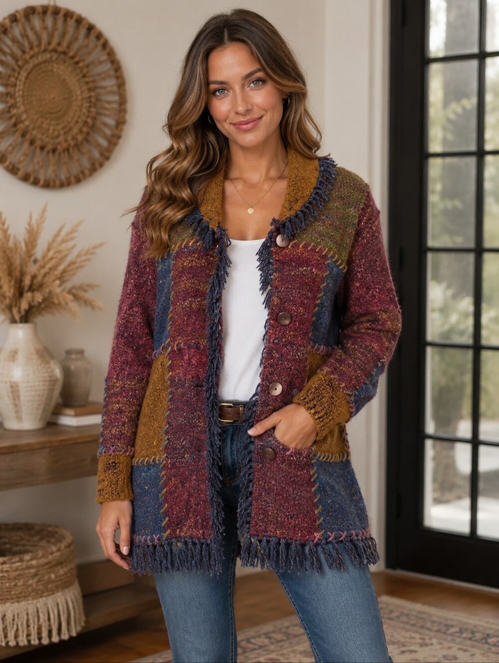 PBJ Sport, Sz. M Patchwork Cardigan Sweater Boho Fringe Button Artsy Cottagecore